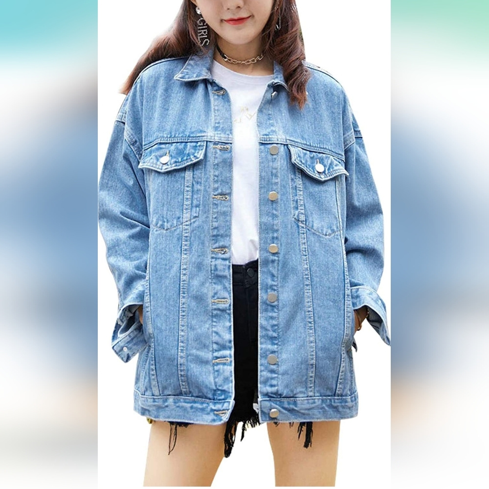 Women's Oversized Mid Long Denim Jacket Jean Biker Coat